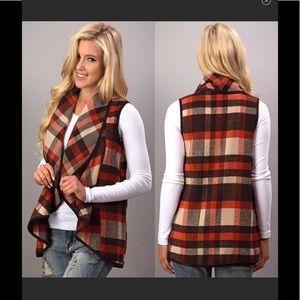 Plaid Open Front Vest - Red and Brown